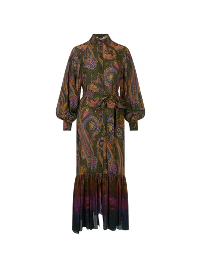 Etro Paisley-print Belted Dress In Green