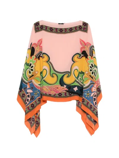 Etro Paisley-print Boat-neck Poncho In Pink