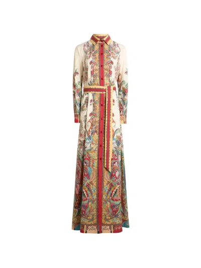 Etro Long Shirt Dress In Cotton With Placed Paisley Foliage Print In Multi