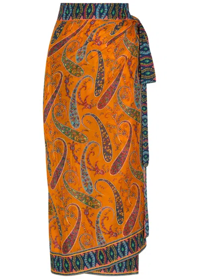 Etro Paisley-print Cotton Midi Wrap Sarong Skirt In Orange