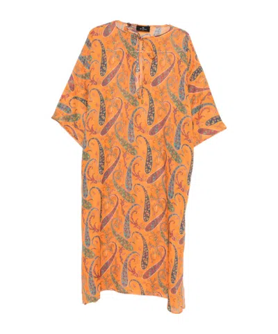 Etro Paisley-pattern Tie-neck Midi Dress In Orange