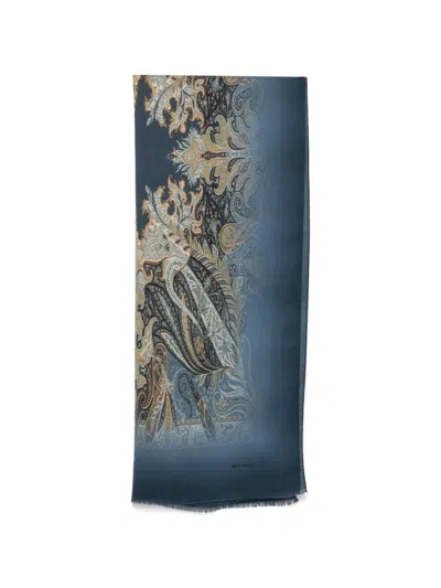 Etro Paisley-print Frayed-edge Scarf In Blue