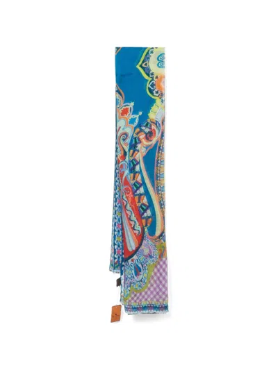 Pre-owned Etro Paisley-print Fringed Scarf In Blue