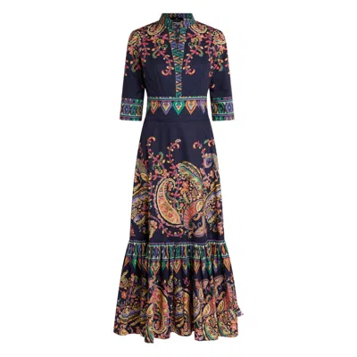 Etro Dress Tiered Skirt Embroidered Paisley Floral Mandarin Collar In Multi