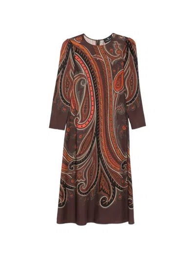 Etro Paisley-print Long-sleeve Dress In Brown