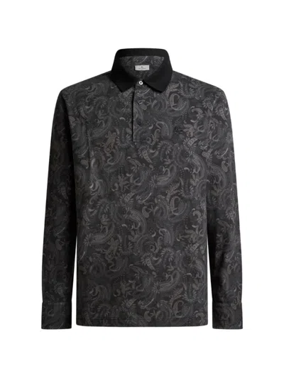 Etro Paisley-print Long-sleeve Polo Shirt In Black