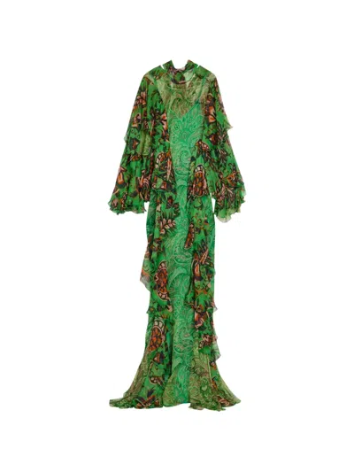 Etro Printed Ruffled Silk-chiffon Maxi Dress In Green