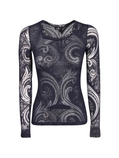 Etro Paisley-print Mesh Long-sleeve T-shirt In Black