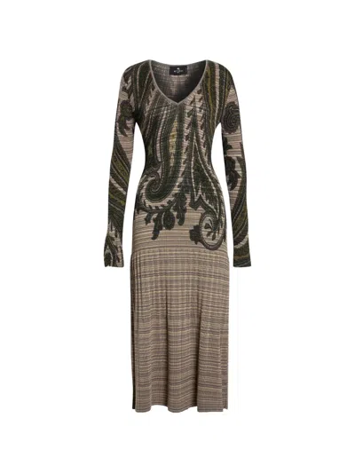 Etro Paisley-print Pleated Midi Dress In Brown