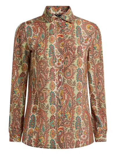 Etro Shirt In Silk Blend With Paisley Print In Brown