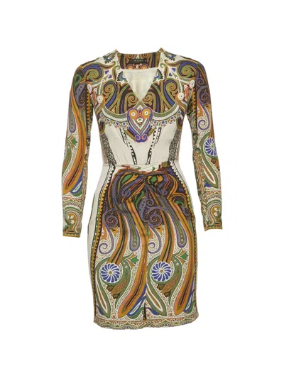 Pre-owned Etro Paisley-print V-neck Mini Dress In Neutral