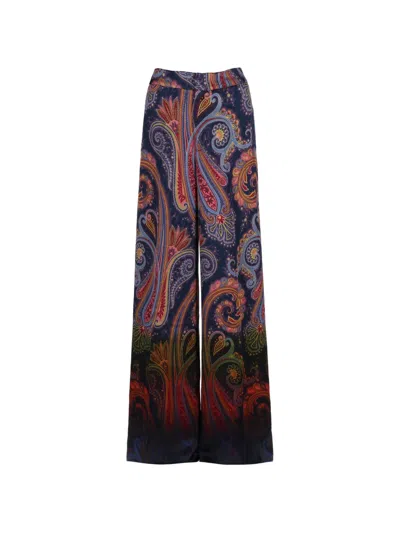 Etro High Waist Paisley Print Wide Leg Pants In Blue