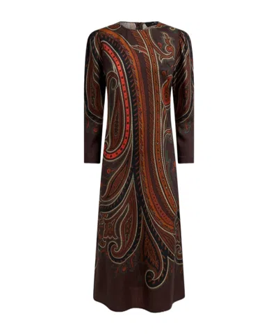 Etro Paisley-print Wool-silk Midi Dress In Brown