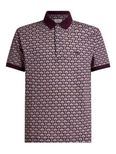 Etro Palm-motif Cotton Polo Shirt In Brown