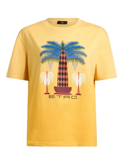 Etro Palm-tree Print T-shirt In Yellow