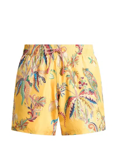Etro Swim Shorts With Placed Parrot And Palm Tree Print In Yellow