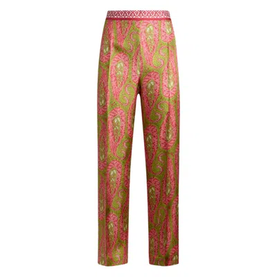 Etro Paisley Foliage Trousers Contrasting Waistband Straight Leg In Multi
