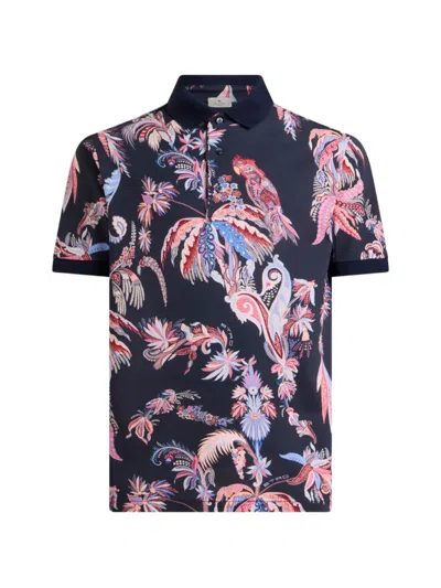 Etro Parrot-print Palm-tree-print Polo Shirt In Blue