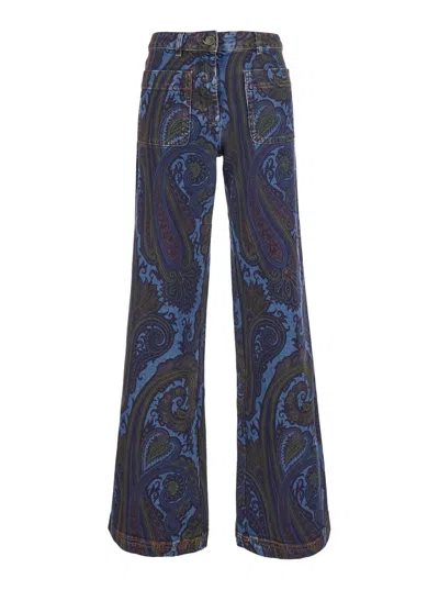 Etro Patch Logo All-over Print High-waist Straight-leg Jeans For Women In Blue