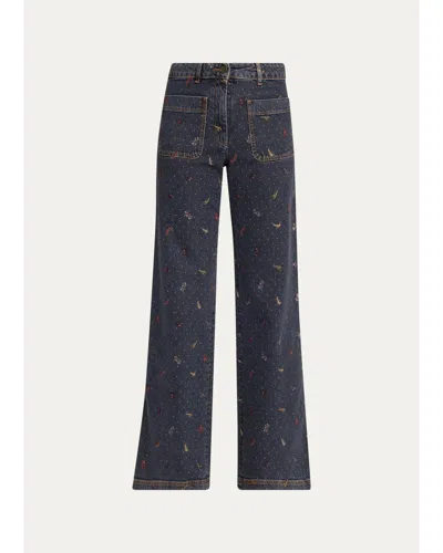 Etro Patch Pocket Polka-dot Denim Wide-leg Jeans In Printed Black