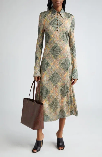 Etro Patchwork Paisley Long Sleeve Shirtdress In Green/yellow Multi