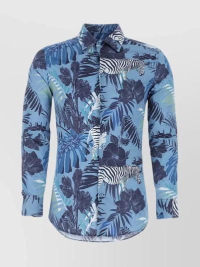 Etro Patterned Cotton Shirt With Cuff Sleeves In Blue