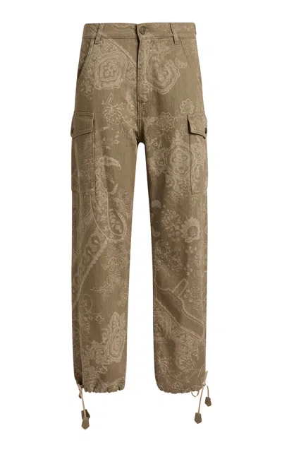 Etro Patterned Cotton-denim Straight-leg Pants In Brown