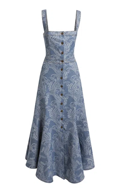 Etro Patterned Denim Maxi Dress In Blue