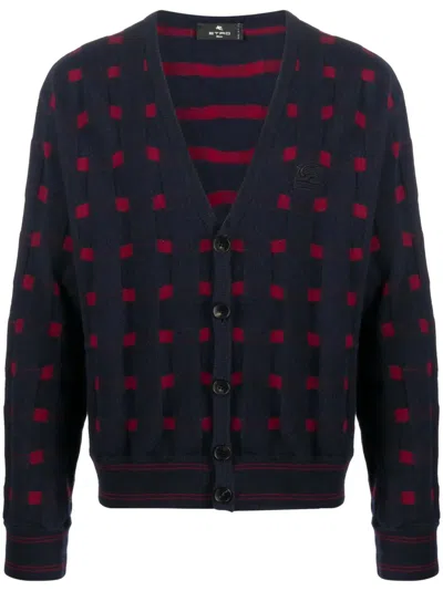 Etro Navy Blue V Neck Cardigan In Multi