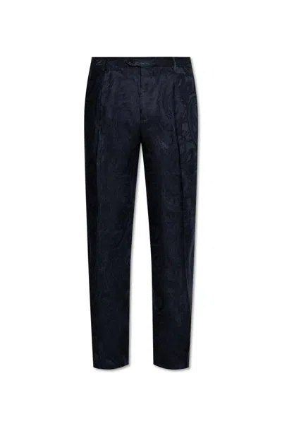 Etro Paisley Linen Blend Pants In Blue
