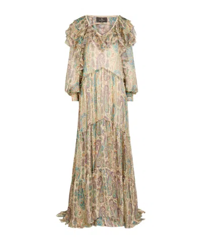 Etro Patterned Ruffled Silk Maxi Dress In Nude