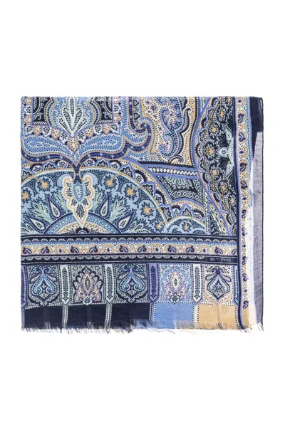 Etro Patterned Cashmere Scarf In Blue