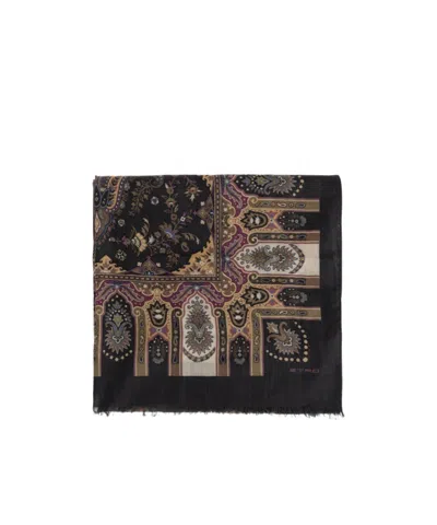Etro Paisley-print Frayed Scarf In Black