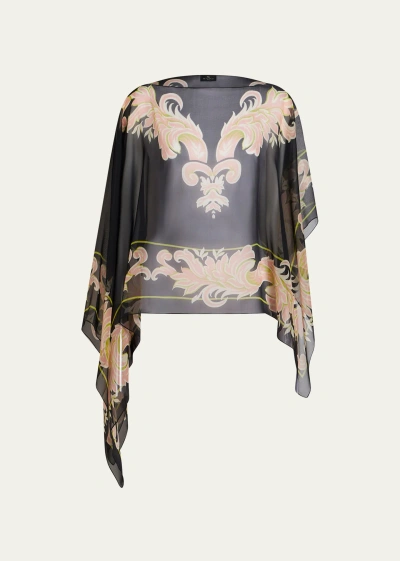 Etro Patterned Sheer Silk Poncho In Print On Black Ba