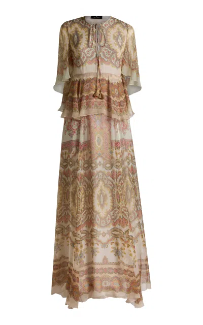 Etro Patterned Silk Maxi Dress In Brown