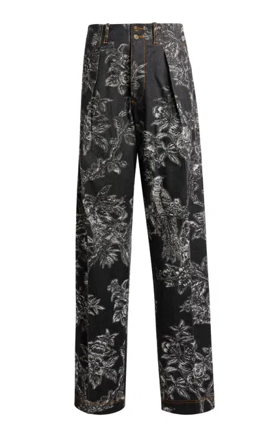Etro Patterned Stretch-denim Straight-leg Jeans In Black