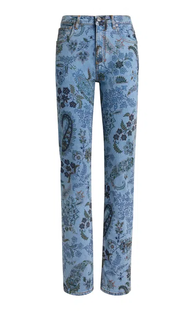 Etro Patterned Stretch-denim Straight-leg Jeans In Blue