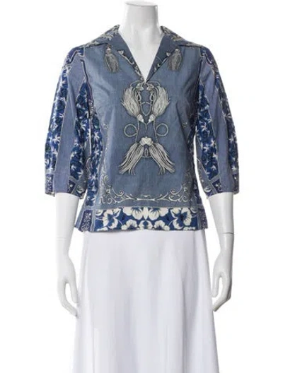 Pre-owned Etro Patterned Three-quarter Sleeve Blouse In Blue