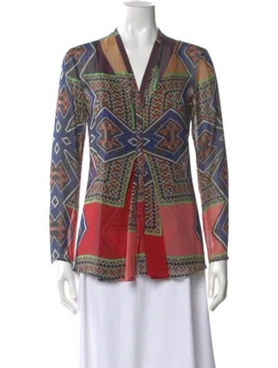Pre-owned Etro Patterned V-neck Blouse In Blue