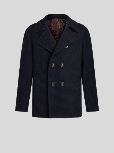ETRO , WOOL PEA COAT, MAN, NAVY BLUE, SIZE M