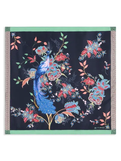 Etro Peacock-print Pocket Square In Blue