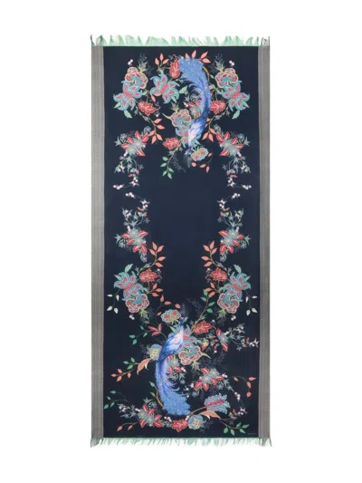 Etro Peacocks-print Wool Scarf In Blue