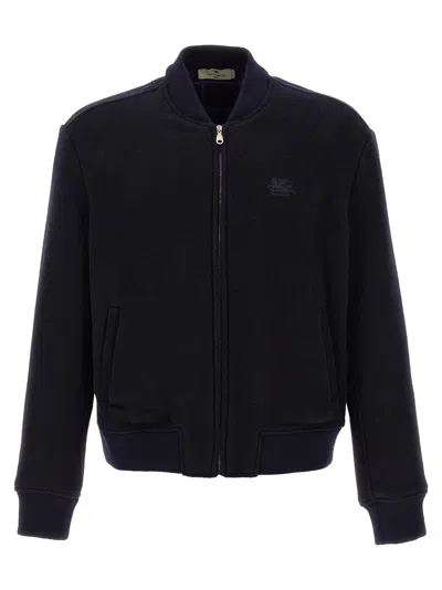 Etro Navy Blue Bomber Jacket With Embroidered Logo And Zip Fastening In Black