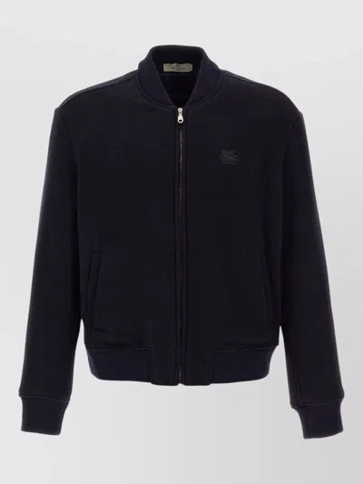 Etro Pegaso Bomber Jacket Ribbed Cuffs Hem Pockets In Black