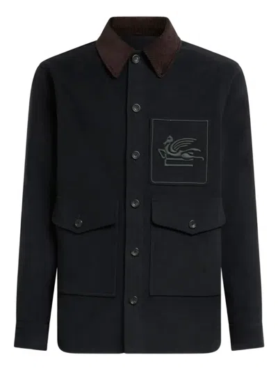 Etro Pegaso Corduroy-collar Jacket In Black