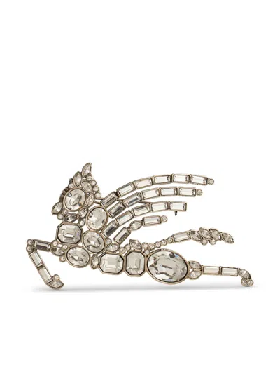 Etro Pegaso Crystal-embellished Brooch In Silver