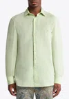Etro Linen Shirt With Pegaso Embroidery In Green