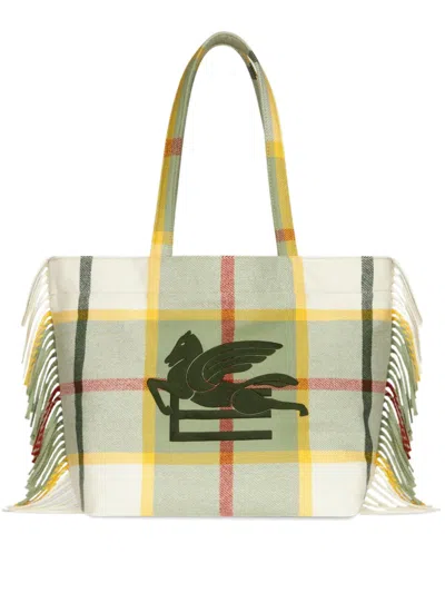 Etro Pegaso-embroidered Checkered Tote Bag In 绿色