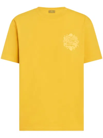 Etro Embroidered Logo Cotton T-shirt In Yellow