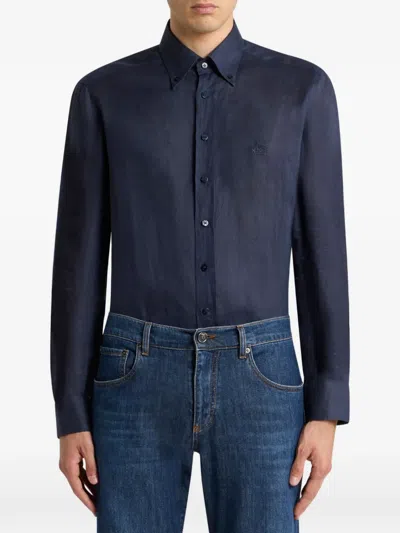 Etro Pegaso-embroidered Linen Shirt In Blue